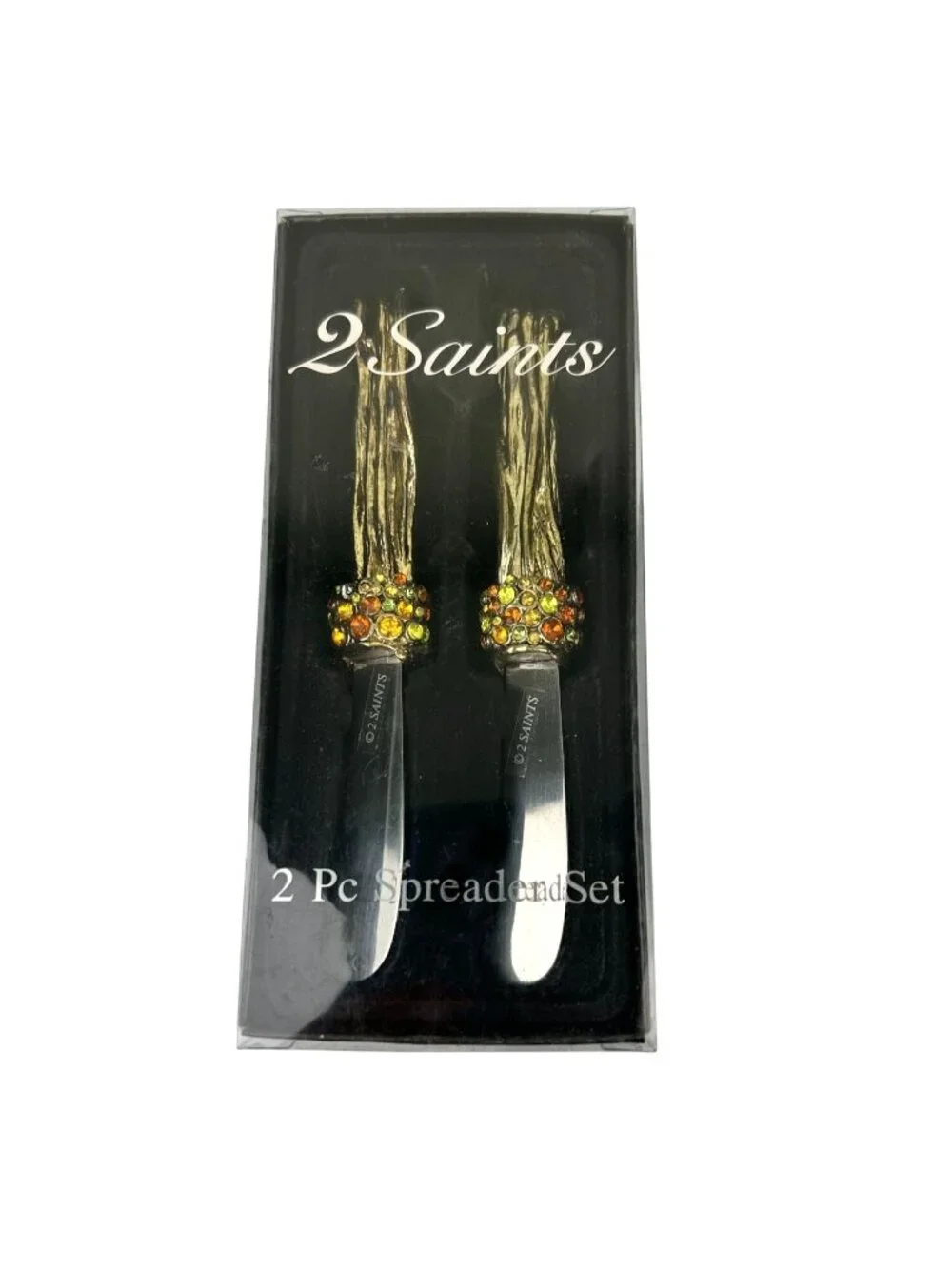 2 Saints Butter Cheese Spreader Knife Set Rhinestone Wood Bark Fall Metal READ